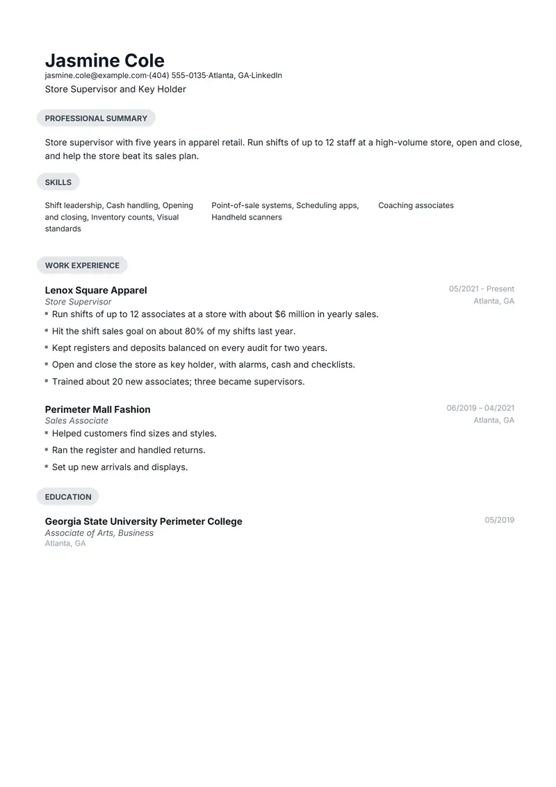 Store Supervisor resume template sample in Daniel, page 1: fictional Store Supervisor and Key Holder