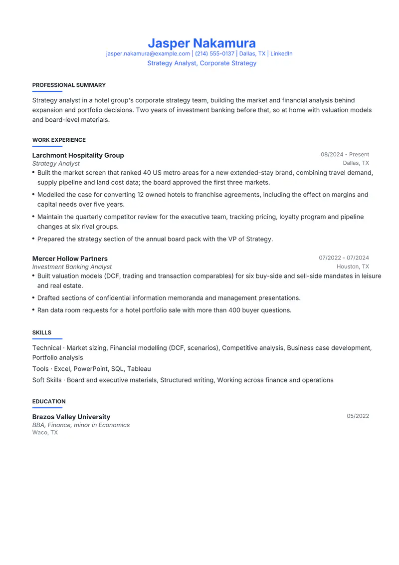 Strategy Analyst resume template sample in Leslie, page 1: fictional Strategy Analyst, Corporate Strategy