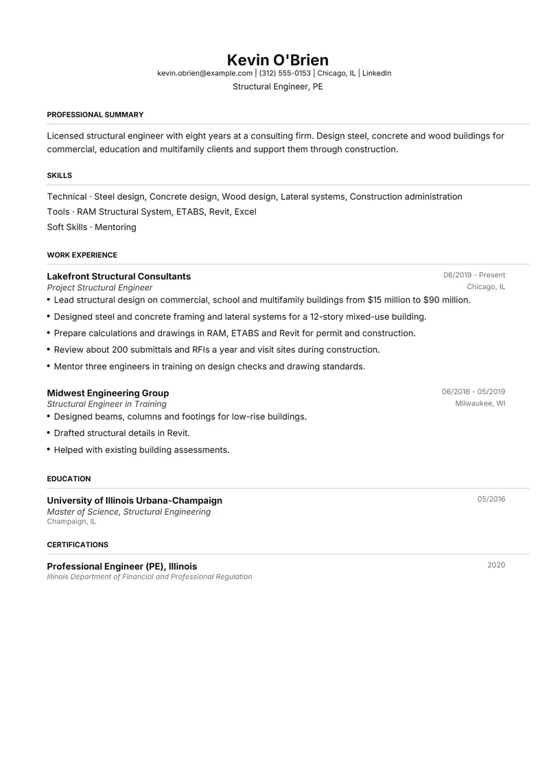 Structural Engineer resume template sample in FAANGPath, page 1: fictional Structural Engineer, PE