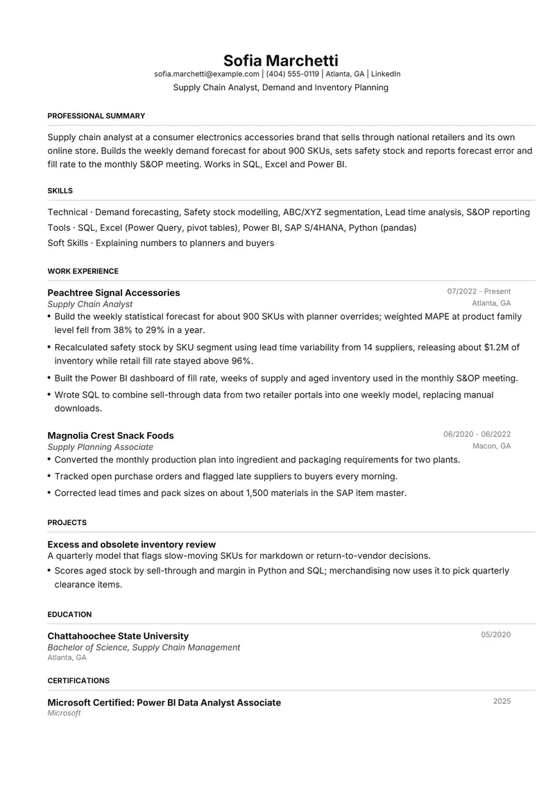 Supply Chain Analyst resume template sample in FAANGPath, page 1: fictional Supply Chain Analyst, Demand and Inventory Planning