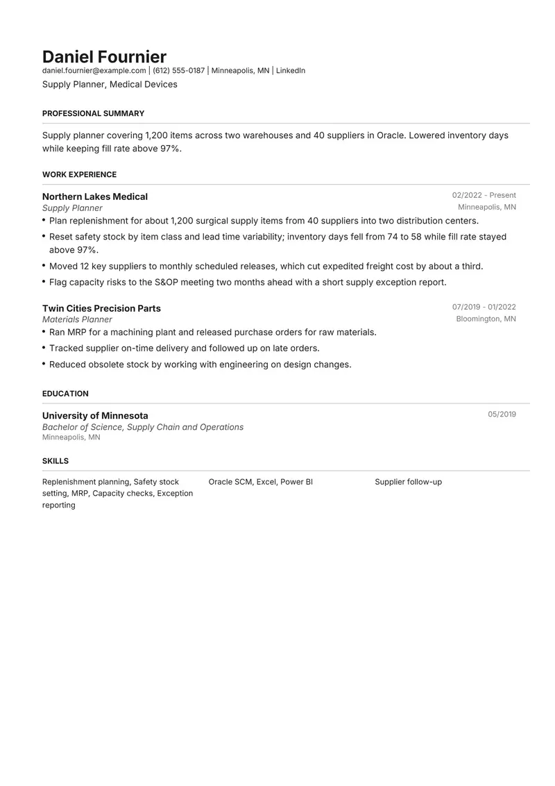 Supply Planner resume template sample in Henrietta, page 1: fictional Supply Planner, Medical Devices