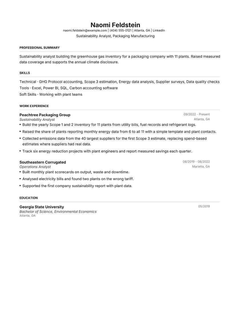 Sustainability Analyst resume template sample in FAANGPath, page 1: fictional Sustainability Analyst, Packaging Manufacturing