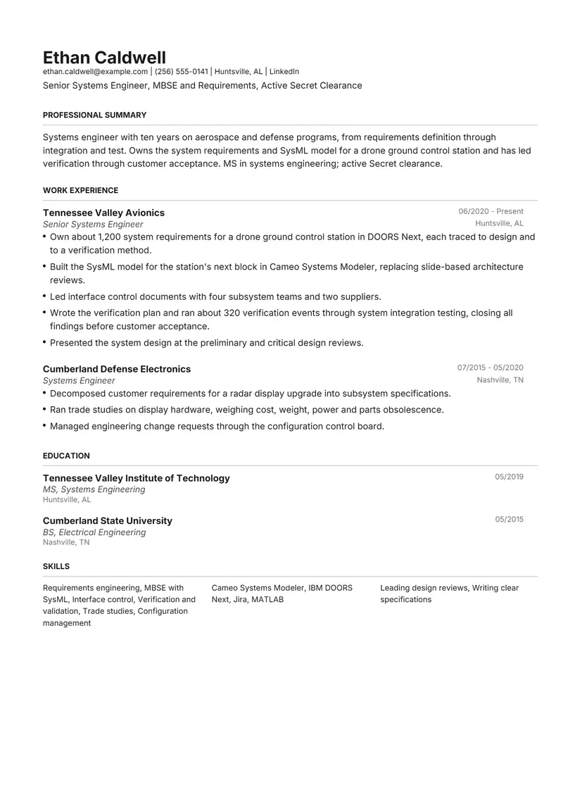 System Engineer resume template sample in Henrietta, page 1: fictional Senior Systems Engineer, MBSE and Requirements, Active Secret Clearance