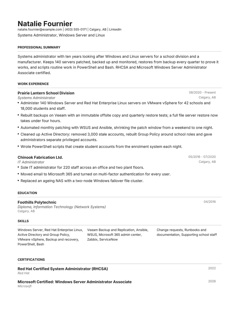 Systems Administrator resume template sample in Henrietta, page 1: fictional Systems Administrator, Windows Server and Linux
