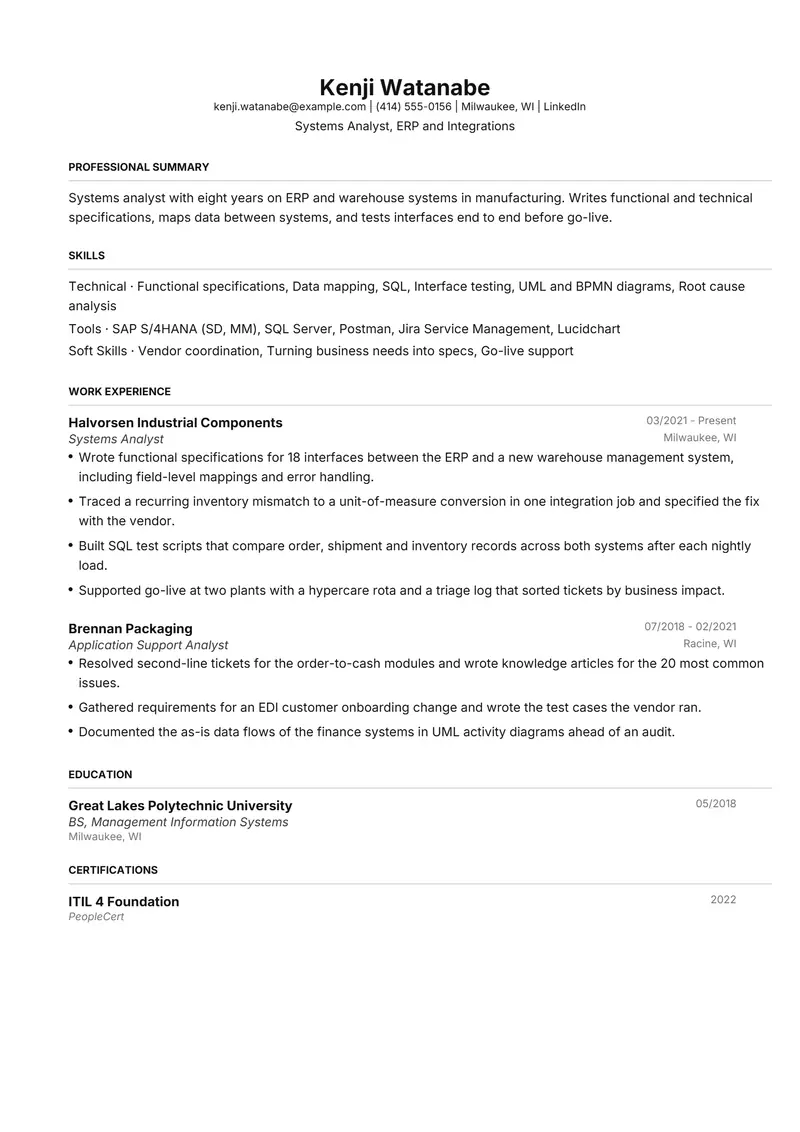 Systems Analyst resume template sample in FAANGPath, page 1: fictional Systems Analyst, ERP and Integrations