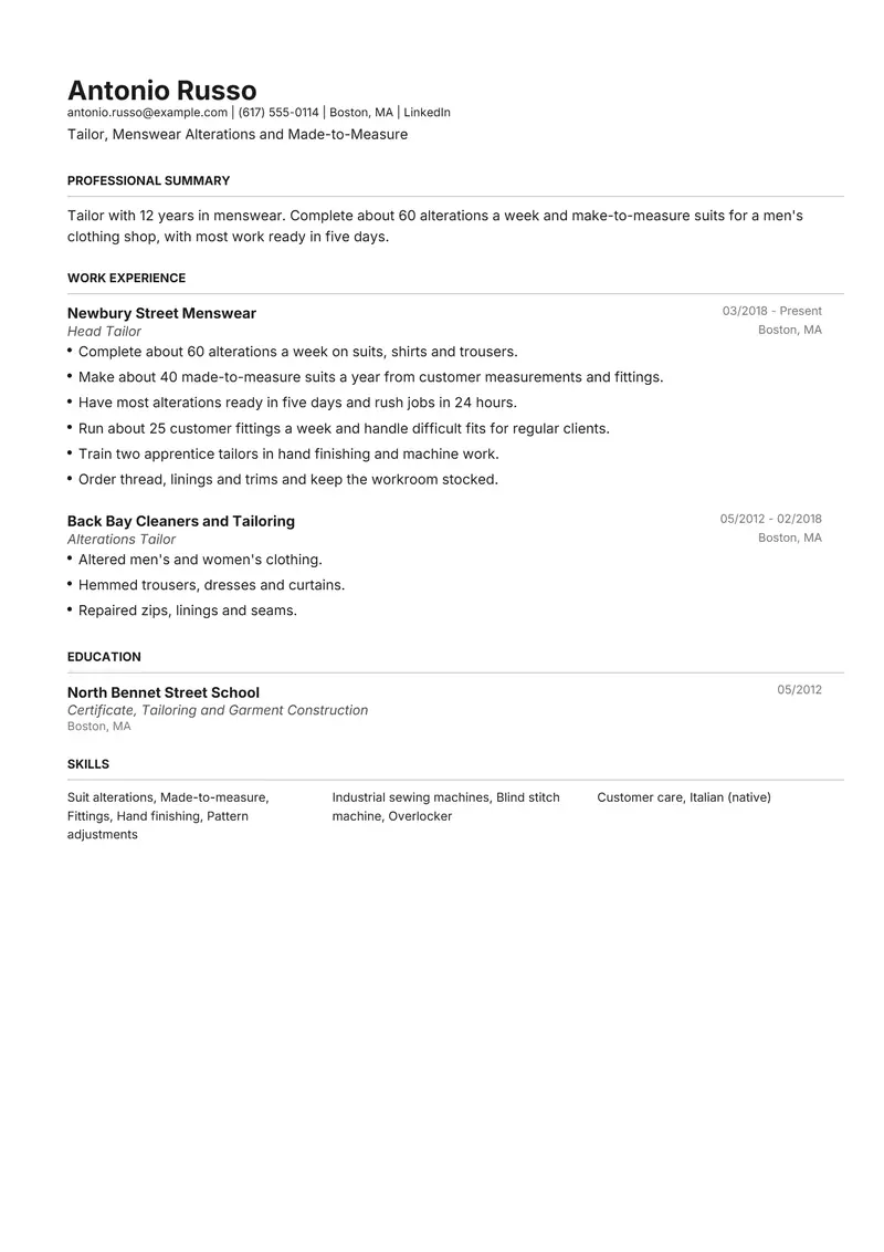 Tailor resume template sample in Henrietta, page 1: fictional Tailor, Menswear Alterations and Made-to-Measure