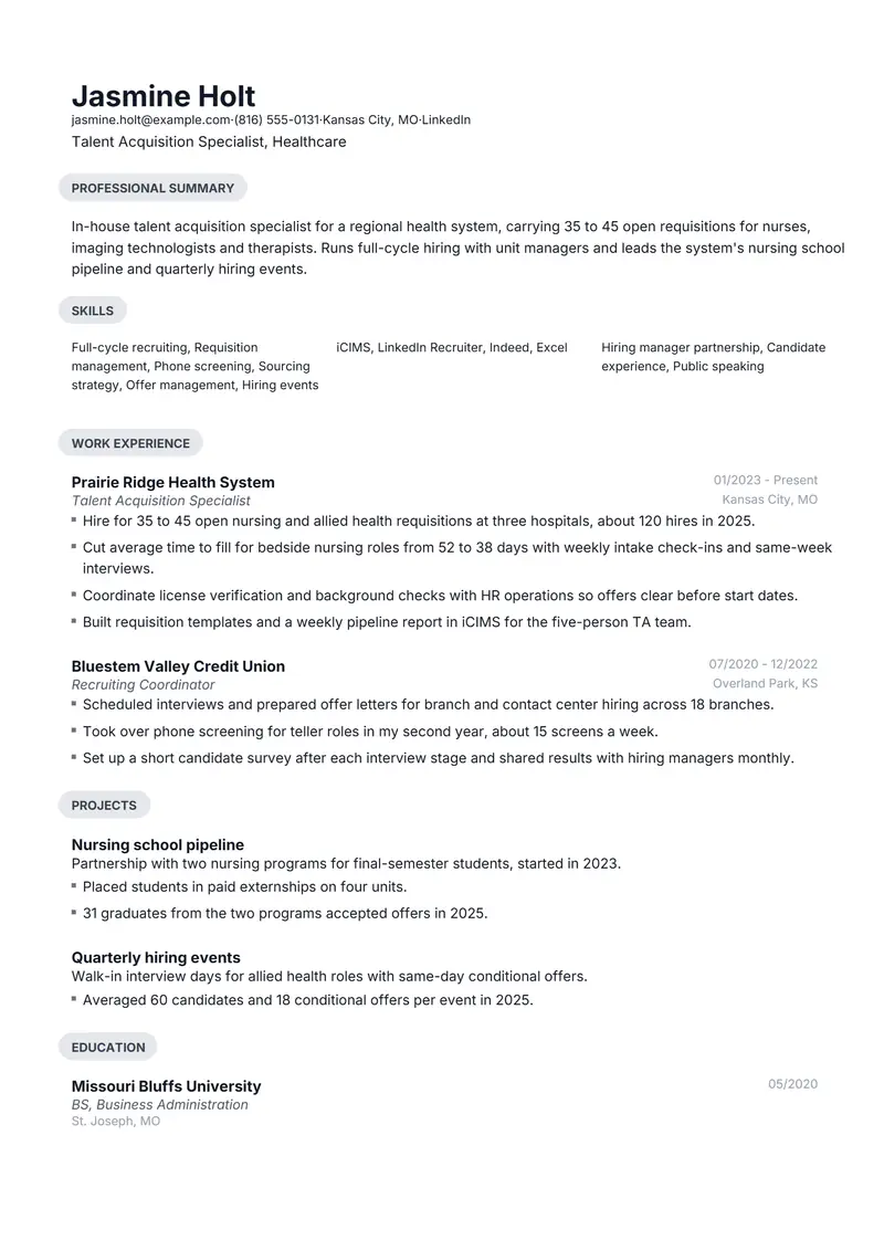 Talent Acquisition Specialist resume template sample in Daniel, page 1: fictional Talent Acquisition Specialist, Healthcare