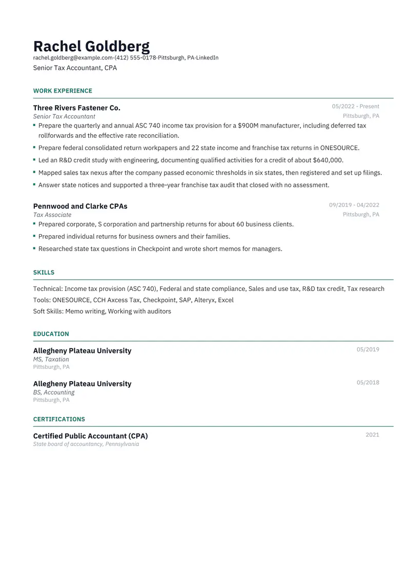 Tax Accountant resume template sample in Catalyst, page 1: fictional Senior Tax Accountant, CPA
