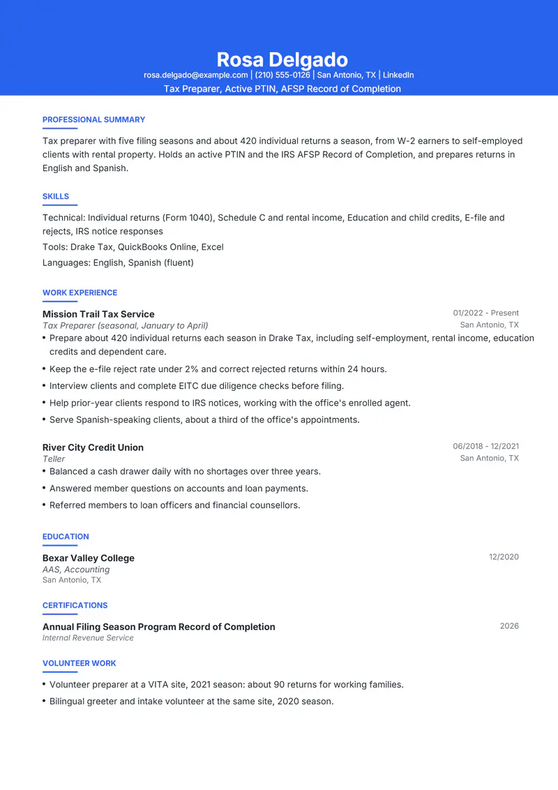 Tax Preparer resume template sample in Olivia, page 1: fictional Tax Preparer, Active PTIN, AFSP Record of Completion