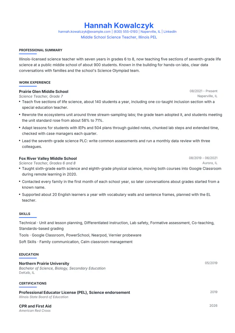Teacher resume template sample in Leslie, page 1: fictional Middle School Science Teacher, Illinois PEL