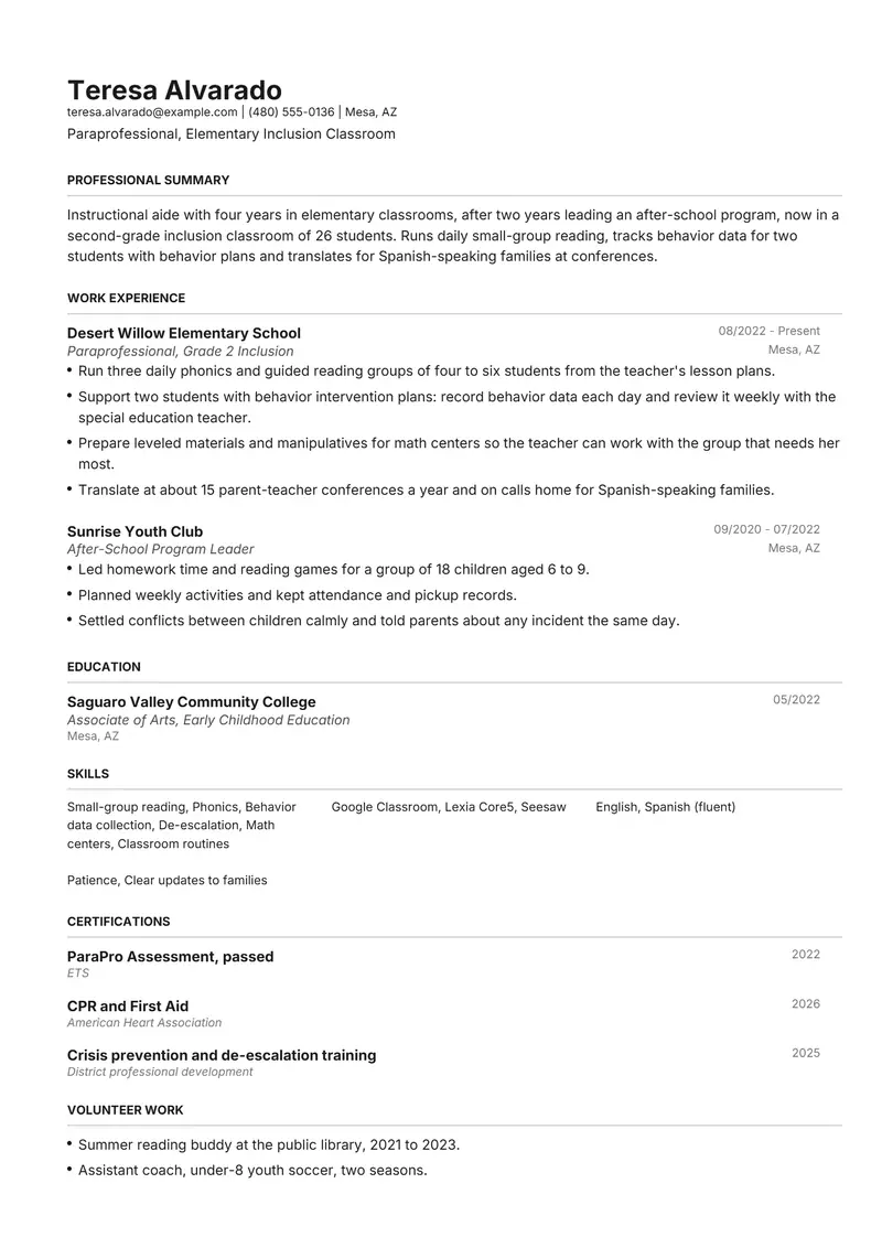 Teaching Assistant resume template sample in Henrietta, page 1: fictional Paraprofessional, Elementary Inclusion Classroom