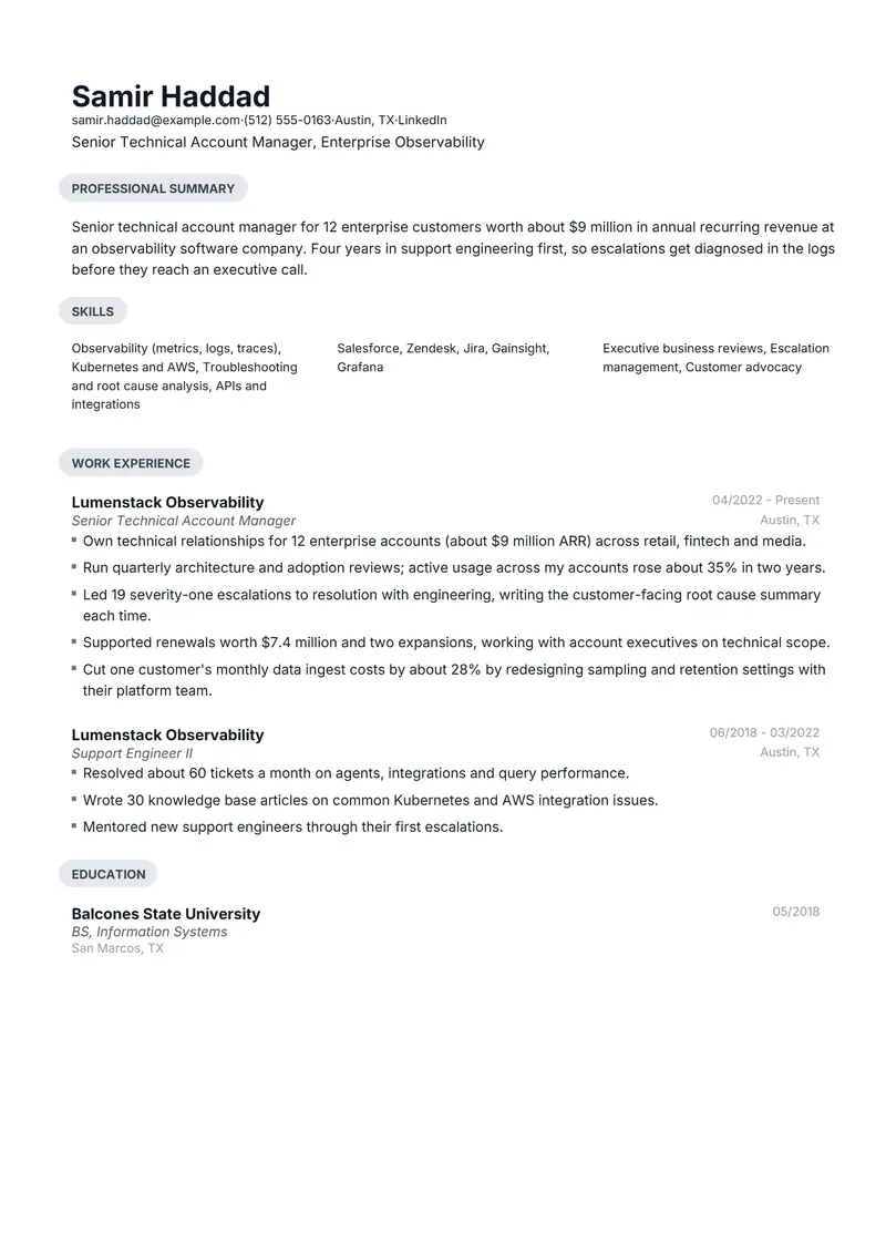 Technical Account Manager resume template sample in Daniel, page 1: fictional Senior Technical Account Manager, Enterprise Observability