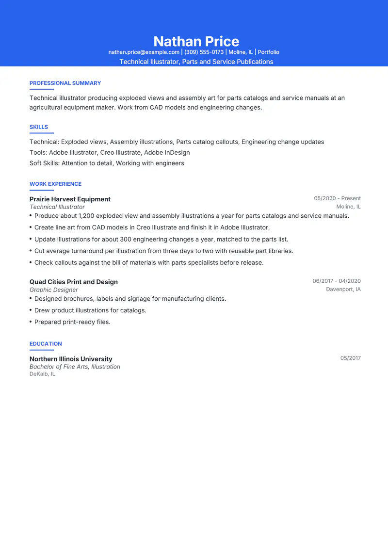 Technical Illustrator resume template sample in Olivia, page 1: fictional Technical Illustrator, Parts and Service Publications