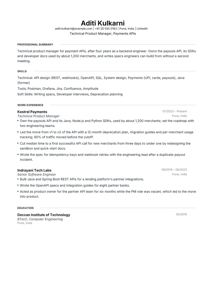 Technical Product Manager resume template sample in Meridian, page 1: fictional Technical Product Manager, Payments APIs