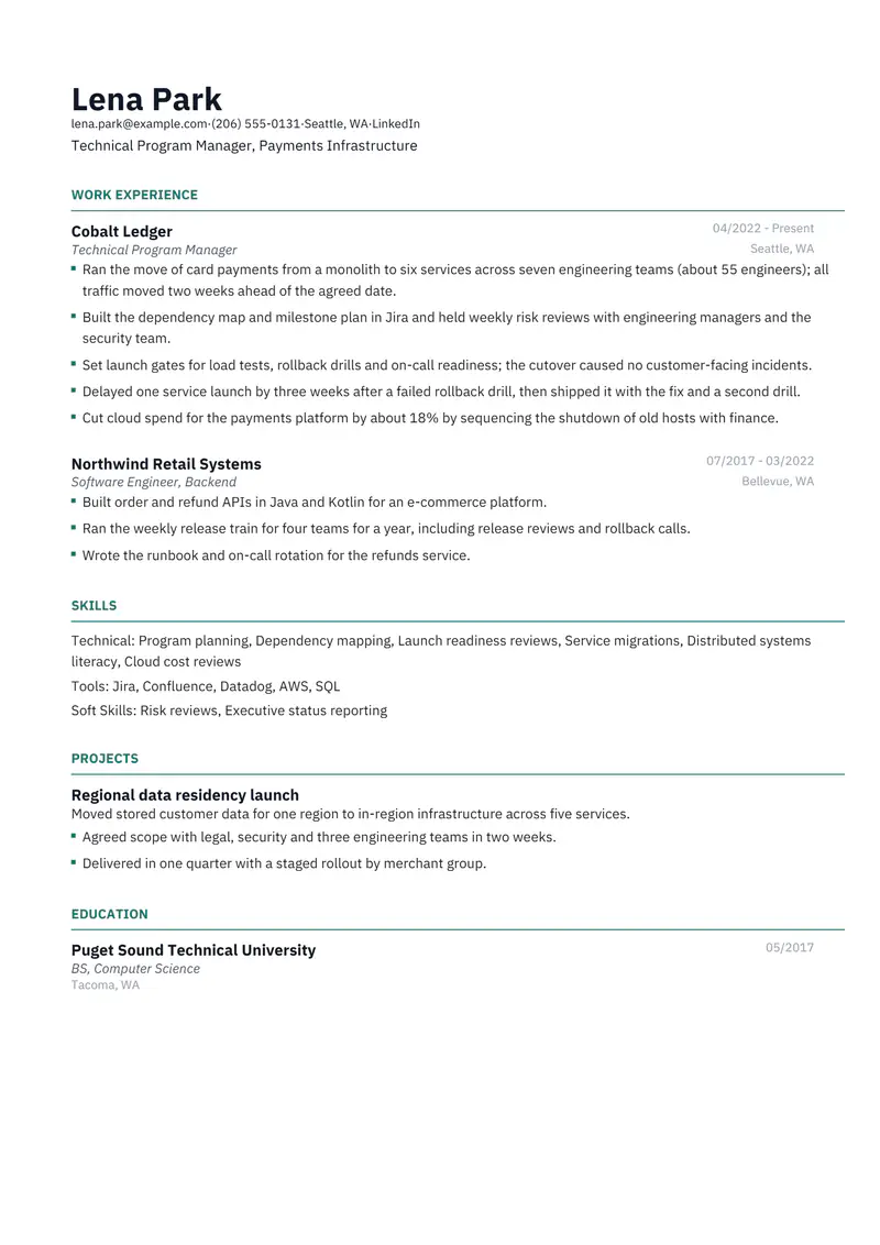 Technical Program Manager resume template sample in Catalyst, page 1: fictional Technical Program Manager, Payments Infrastructure