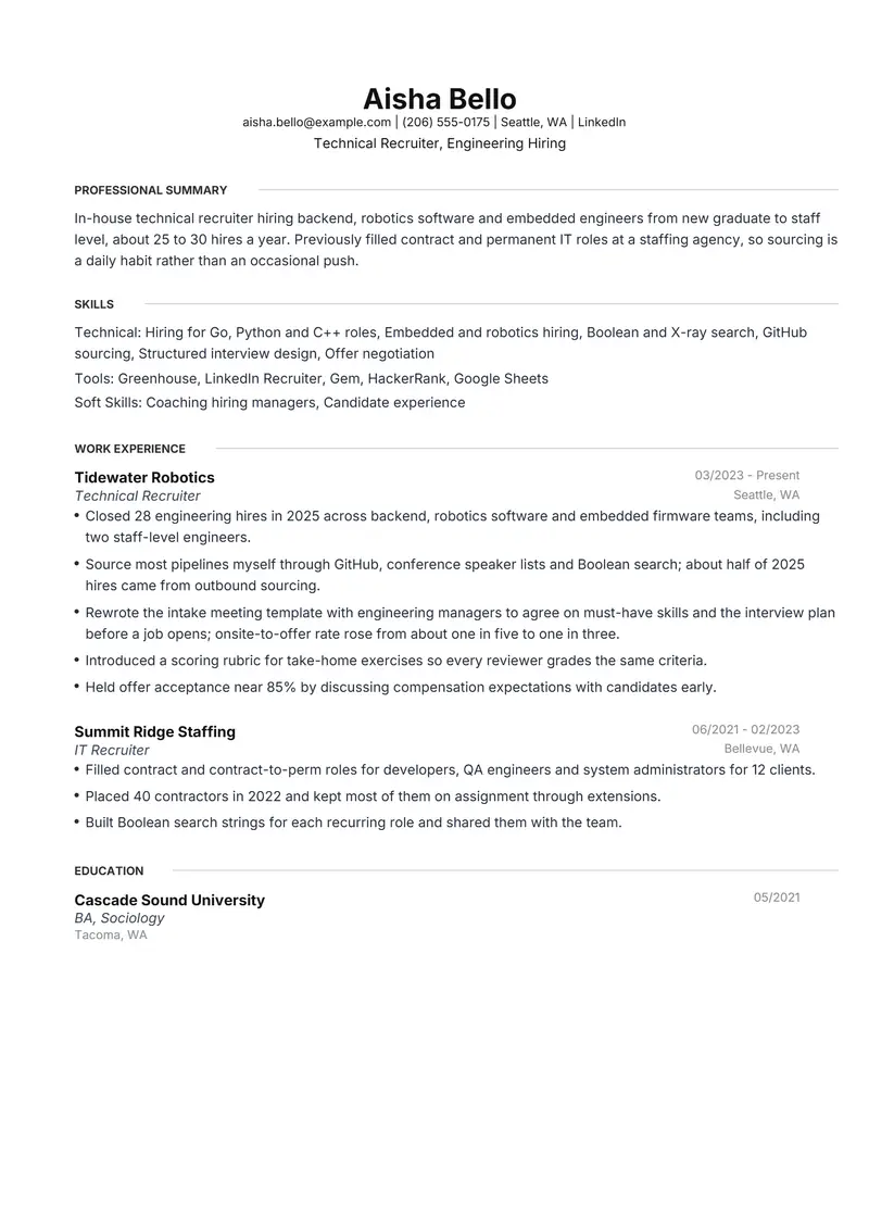 Technical Recruiter resume template sample in Meridian, page 1: fictional Technical Recruiter, Engineering Hiring