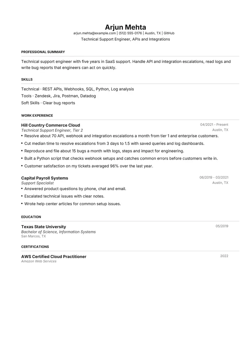 Technical Support Engineer resume template sample in FAANGPath, page 1: fictional Technical Support Engineer, APIs and Integrations