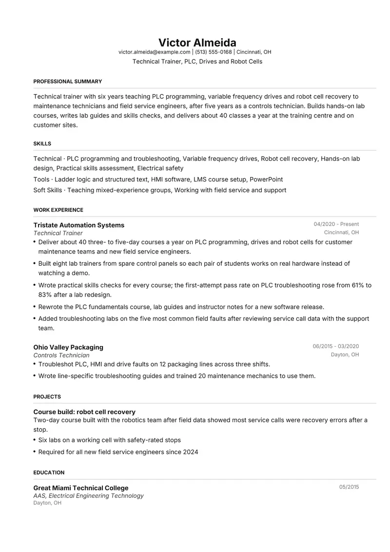 Technical Trainer resume template sample in FAANGPath, page 1: fictional Technical Trainer, PLC, Drives and Robot Cells
