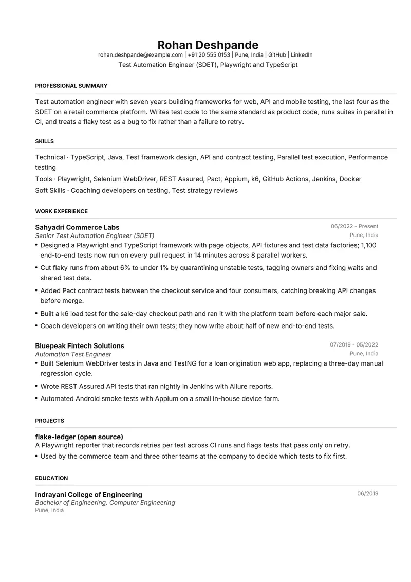Test Automation Engineer resume template sample in FAANGPath, page 1: fictional Test Automation Engineer (SDET), Playwright and TypeScript