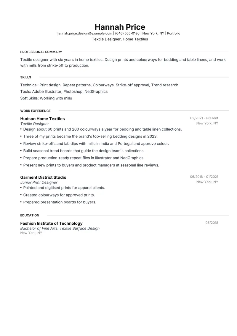 Textile Designer resume template sample in Meridian, page 1: fictional Textile Designer, Home Textiles