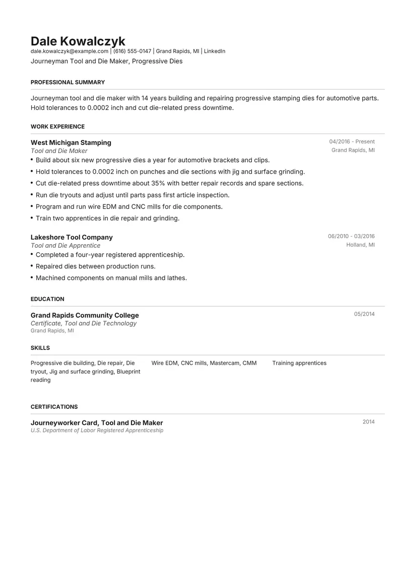 Tool and Die Maker resume template sample in Henrietta, page 1: fictional Journeyman Tool and Die Maker, Progressive Dies