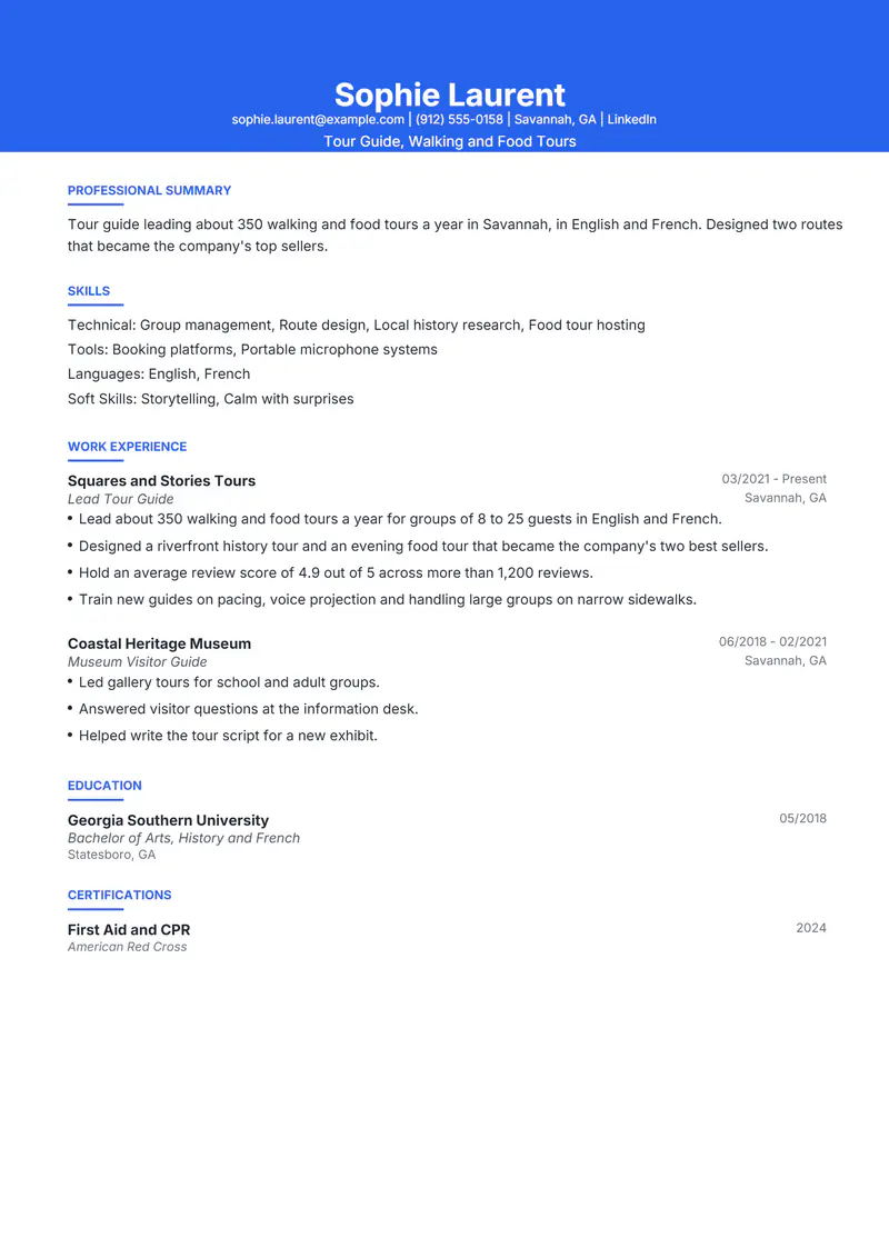 Tour Guide resume template sample in Olivia, page 1: fictional Tour Guide, Walking and Food Tours