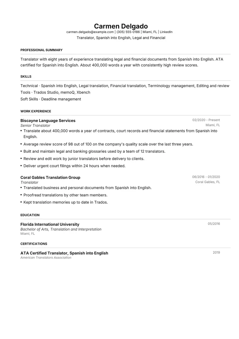 Translator resume template sample in FAANGPath, page 1: fictional Translator, Spanish into English, Legal and Financial