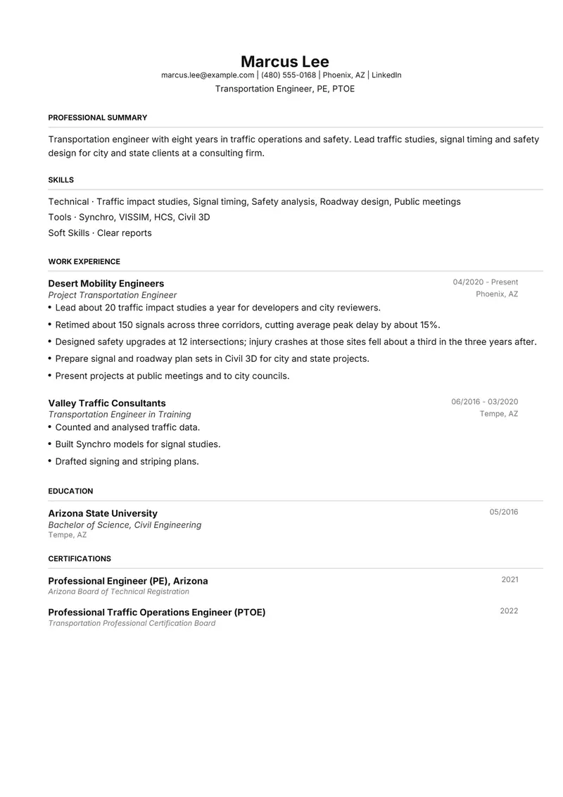 Transportation Engineer resume template sample in FAANGPath, page 1: fictional Transportation Engineer, PE, PTOE