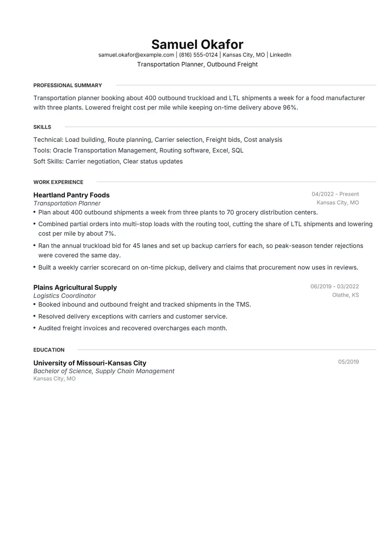 Transportation Planner resume template sample in Meridian, page 1: fictional Transportation Planner, Outbound Freight