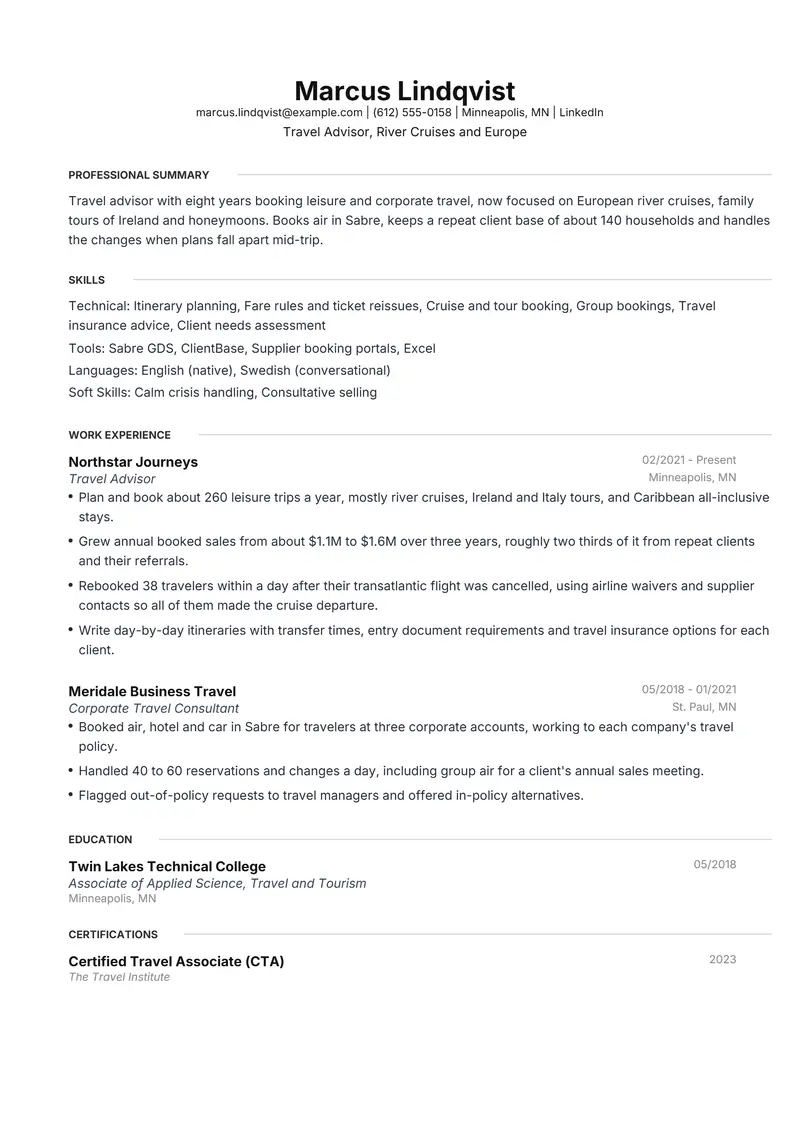 Travel Agent resume template sample in Meridian, page 1: fictional Travel Advisor, River Cruises and Europe