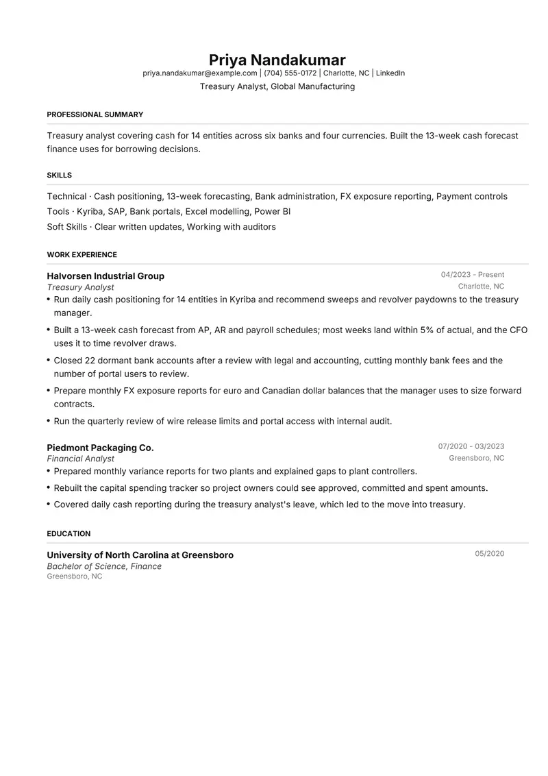 Treasury Analyst resume template sample in FAANGPath, page 1: fictional Treasury Analyst, Global Manufacturing