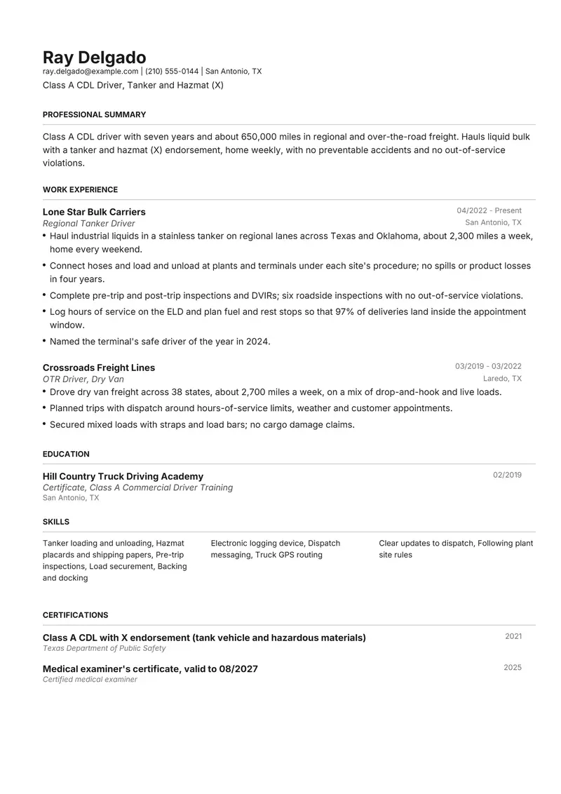 Truck Driver resume template sample in Henrietta, page 1: fictional Class A CDL Driver, Tanker and Hazmat (X)