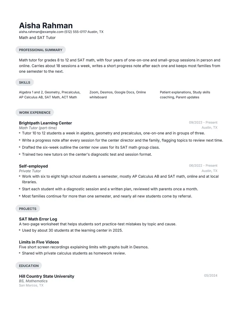 Tutor resume template sample in Daniel, page 1: fictional Math and SAT Tutor