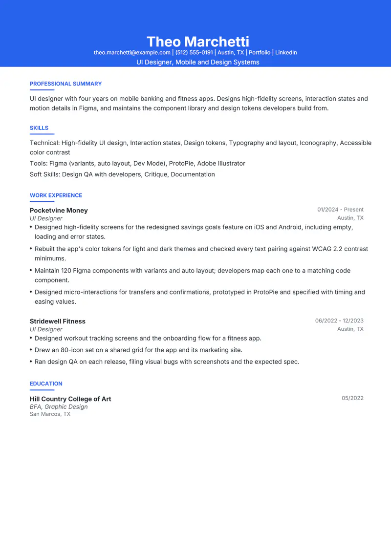 UI Designer resume template sample in Olivia, page 1: fictional UI Designer, Mobile and Design Systems