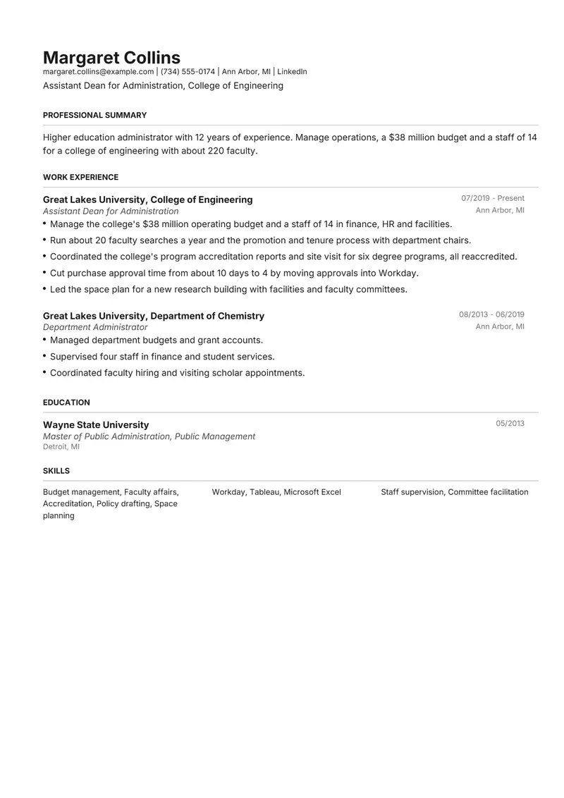 University Administrator resume template sample in Henrietta, page 1: fictional Assistant Dean for Administration, College of Engineering