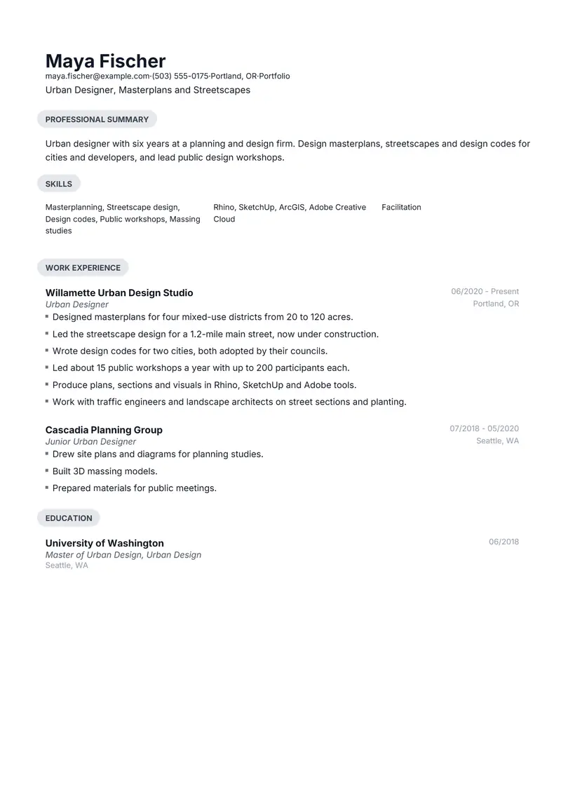 Urban Designer resume template sample in Daniel, page 1: fictional Urban Designer, Masterplans and Streetscapes