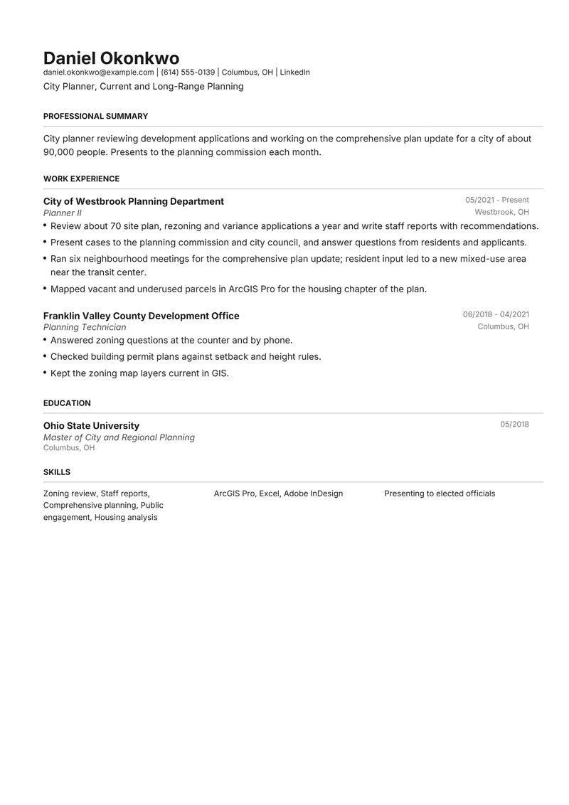 Urban Planner resume template sample in Henrietta, page 1: fictional City Planner, Current and Long-Range Planning