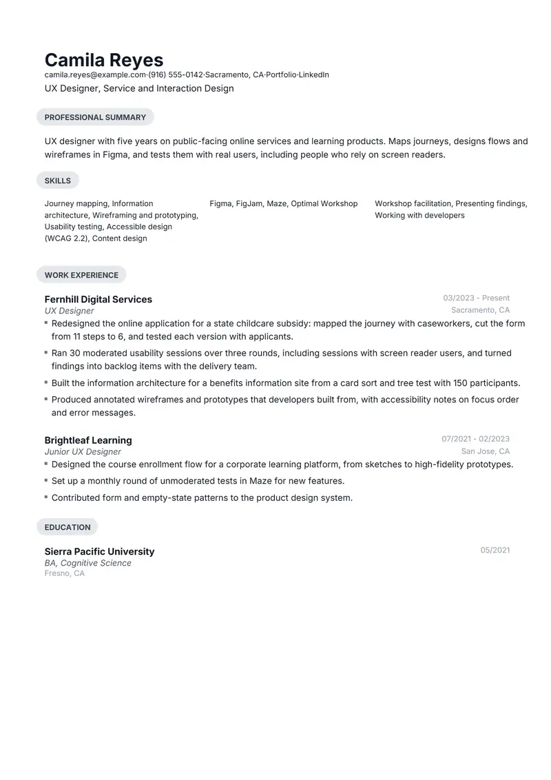 UX Designer resume template sample in Daniel, page 1: fictional UX Designer, Service and Interaction Design