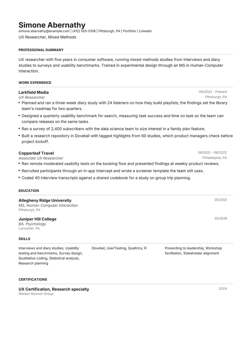 UX Researcher resume template sample in Henrietta, page 1: fictional UX Researcher, Mixed Methods