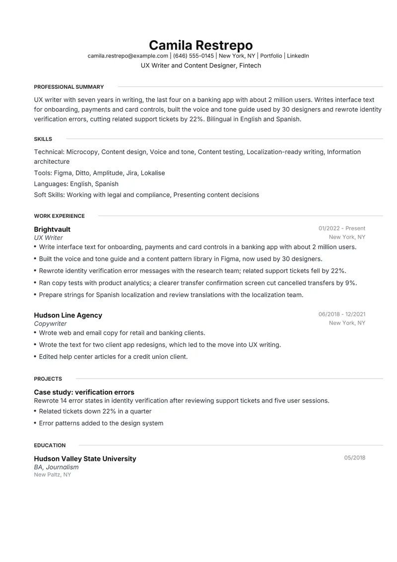 UX Writer resume template sample in Meridian, page 1: fictional UX Writer and Content Designer, Fintech