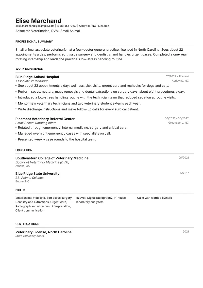 Veterinarian resume template sample in Henrietta, page 1: fictional Associate Veterinarian, DVM, Small Animal