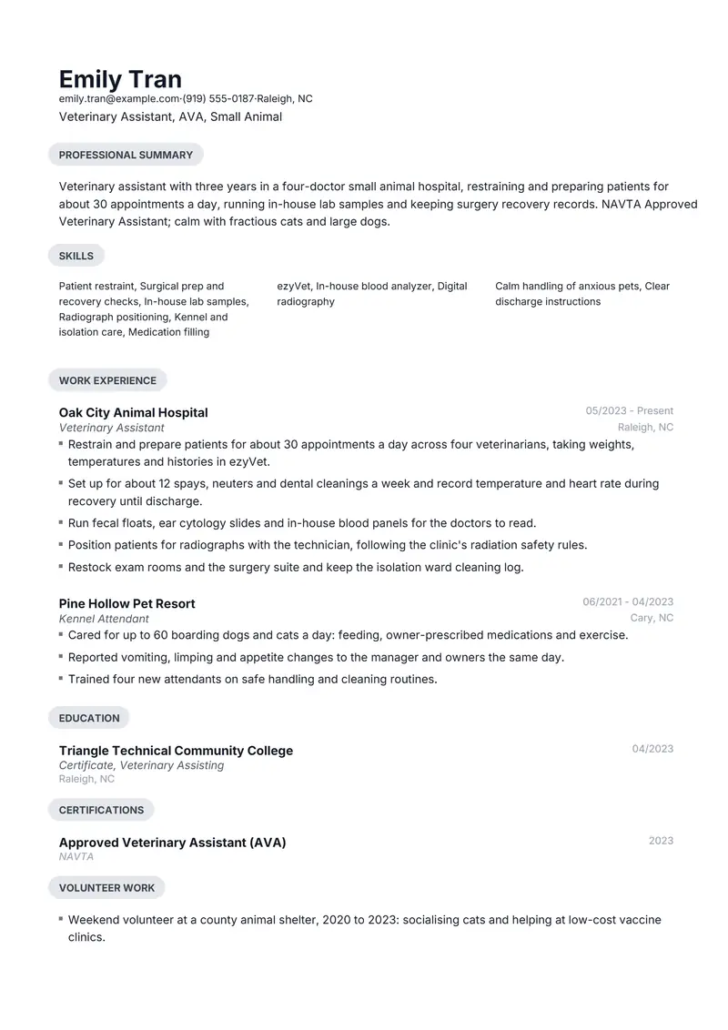 Veterinary Assistant resume template sample in Daniel, page 1: fictional Veterinary Assistant, AVA, Small Animal
