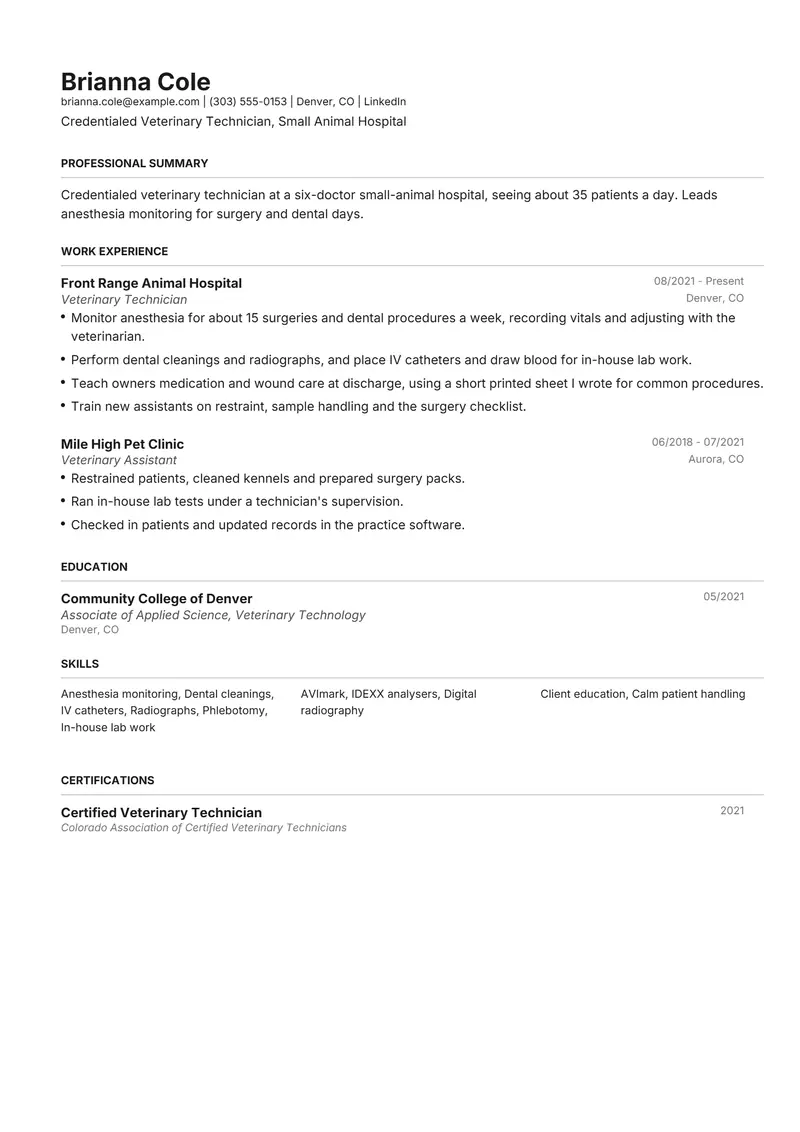 Veterinary Technician resume template sample in Henrietta, page 1: fictional Credentialed Veterinary Technician, Small Animal Hospital