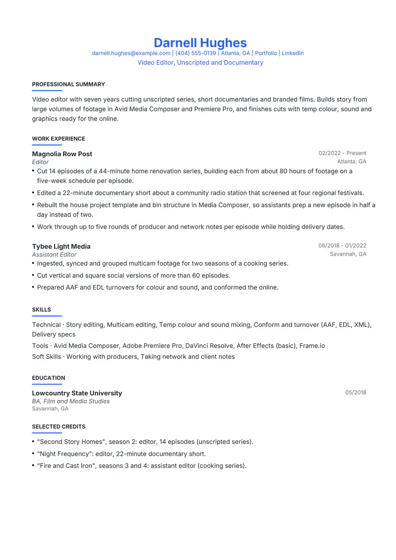 Video Editor resume template sample in Leslie, page 1: fictional Video Editor, Unscripted and Documentary