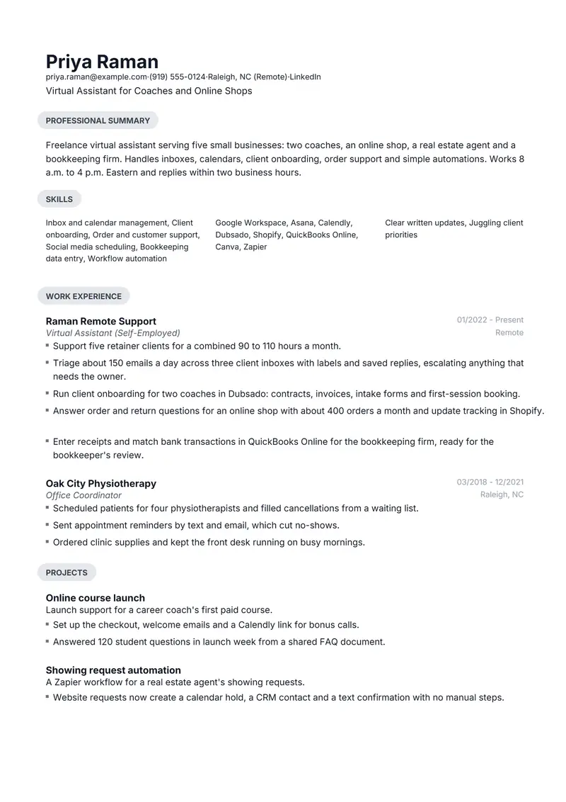 Virtual Assistant resume template sample in Daniel, page 1: fictional Virtual Assistant for Coaches and Online Shops