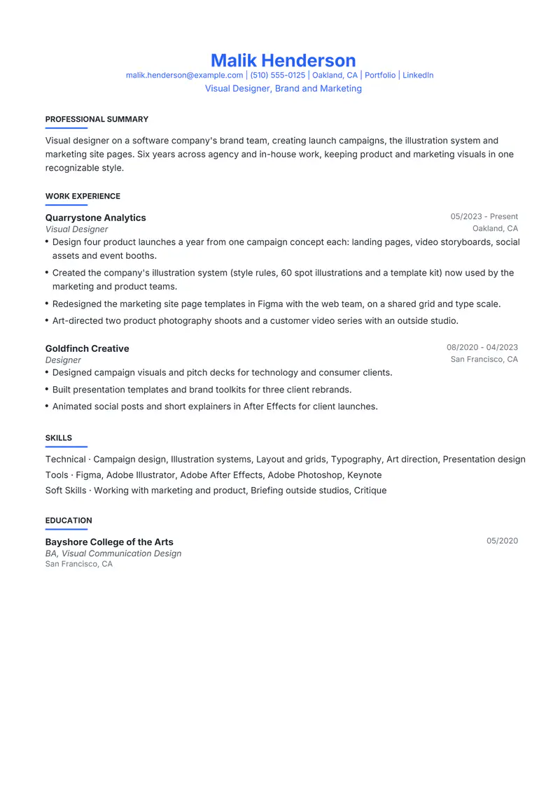 Visual Designer resume template sample in Leslie, page 1: fictional Visual Designer, Brand and Marketing