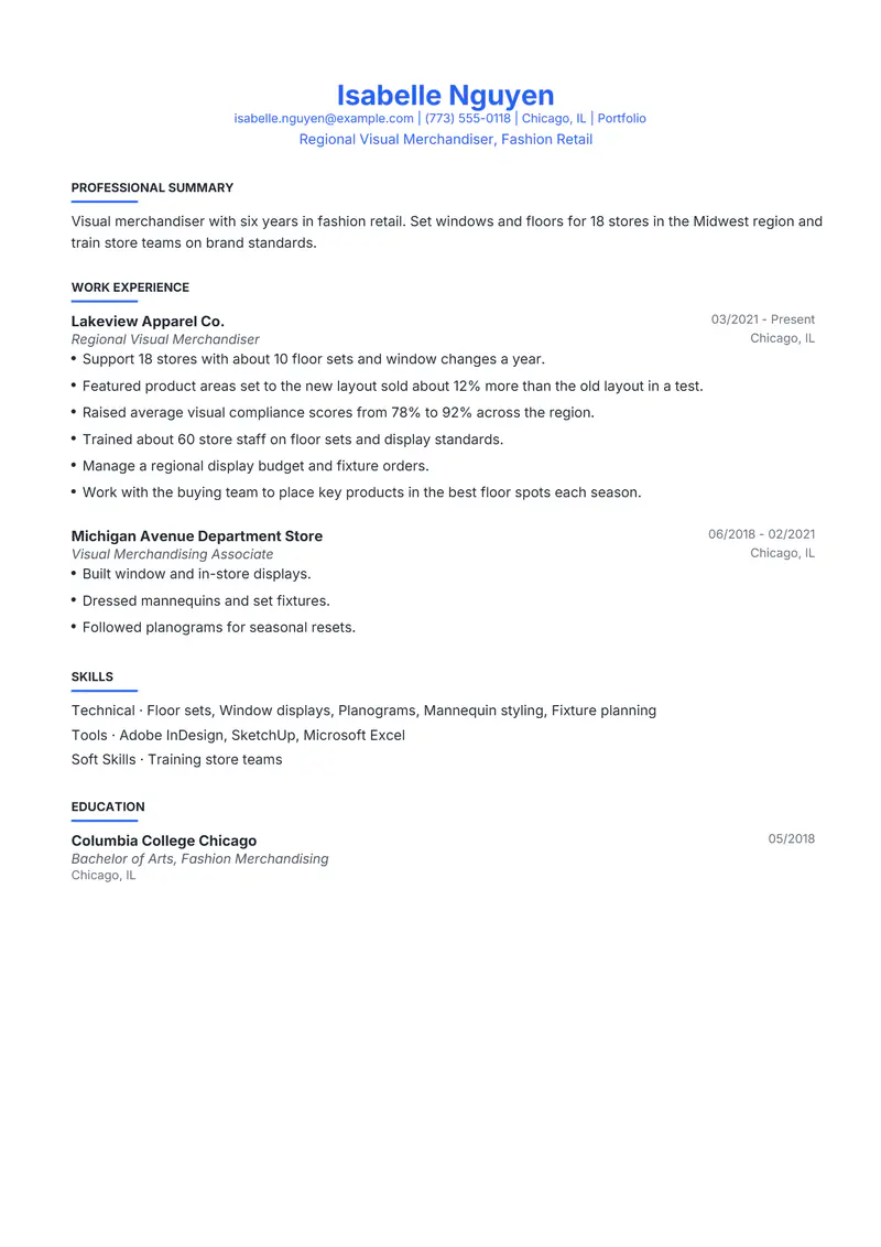 Visual Merchandiser resume template sample in Leslie, page 1: fictional Regional Visual Merchandiser, Fashion Retail
