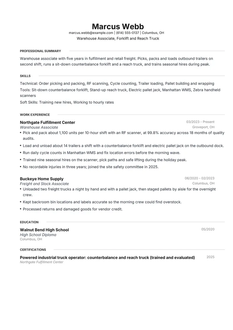 Warehouse Associate resume template sample in Meridian, page 1: fictional Warehouse Associate, Forklift and Reach Truck