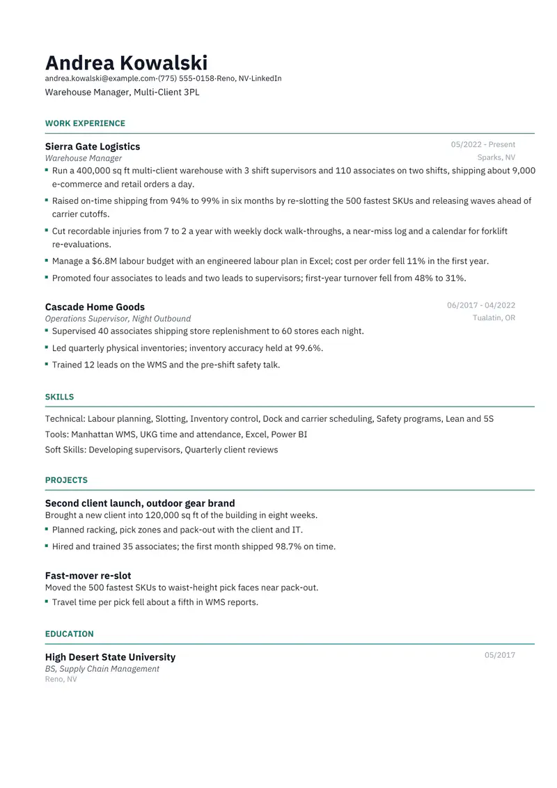 Warehouse Manager resume template sample in Catalyst, page 1: fictional Warehouse Manager, Multi-Client 3PL