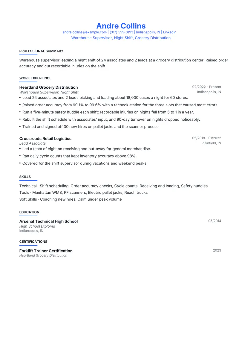 Warehouse Supervisor resume template sample in Leslie, page 1: fictional Warehouse Supervisor, Night Shift, Grocery Distribution